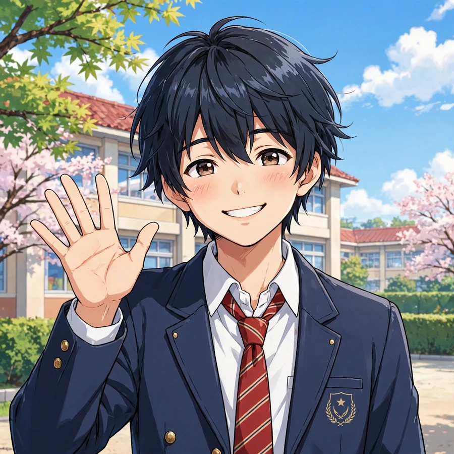 Pfp for school: happy anime boy in school uniform waving