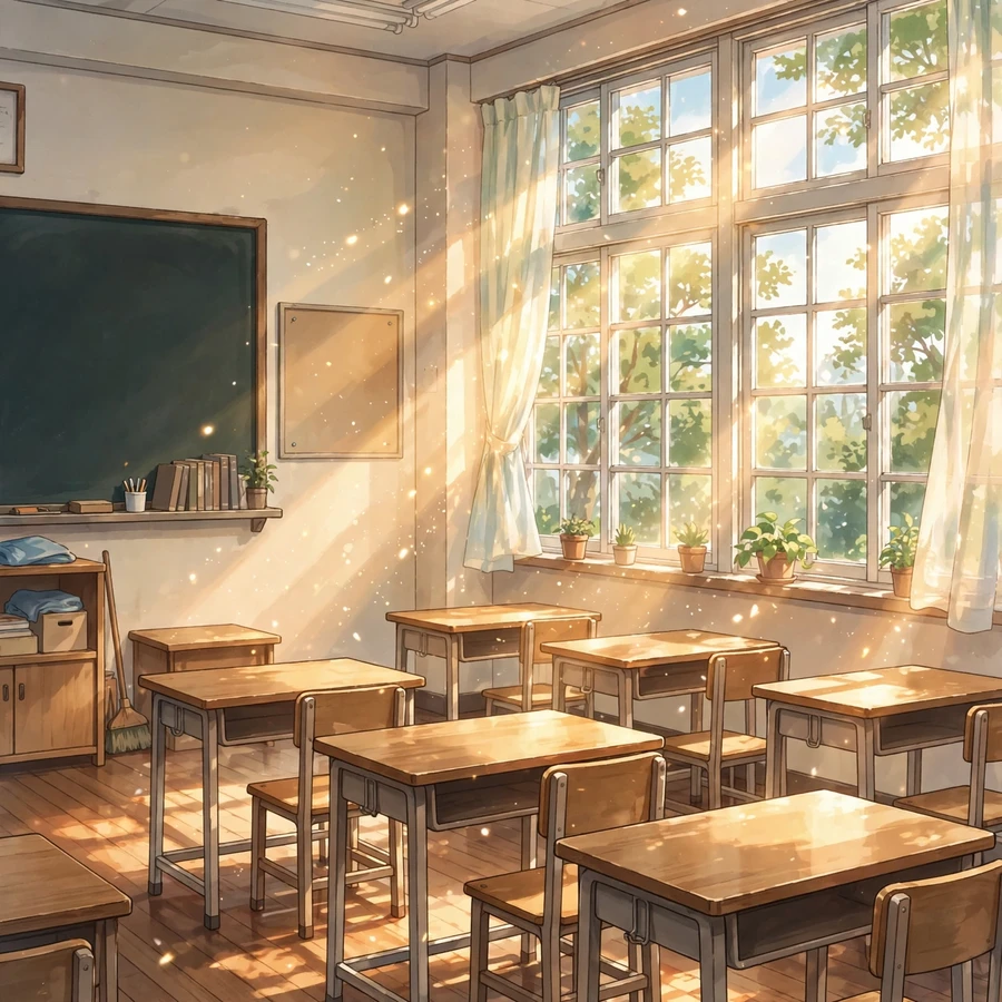Anime pfps for school: sunlit anime classroom with golden light