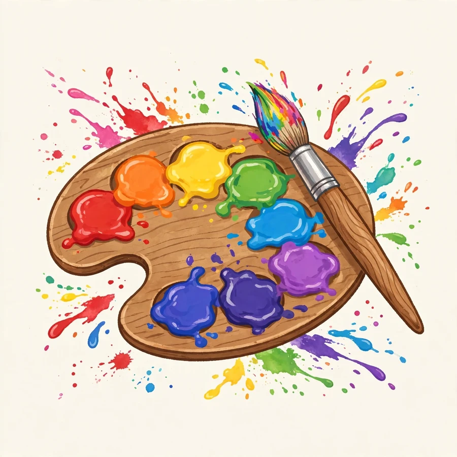 Artsy school pfp: colorful paint palette with brush and splashes