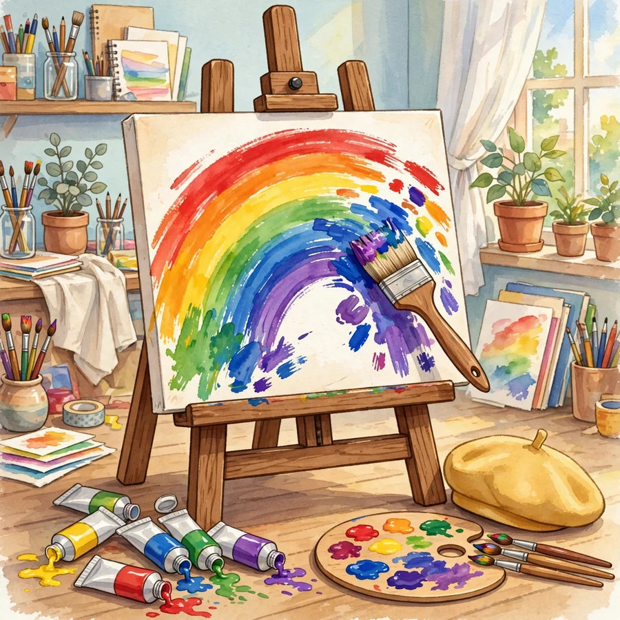Pfp for school: easel painting a happy rainbow