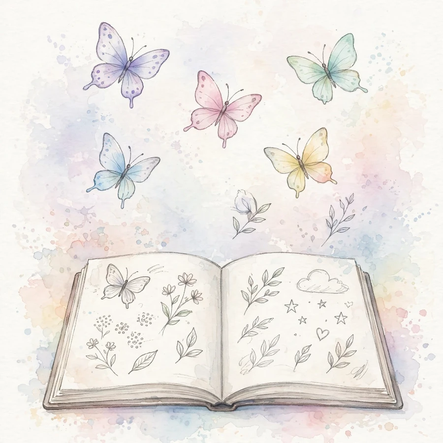 School pfp: watercolor butterflies over an open sketchbook