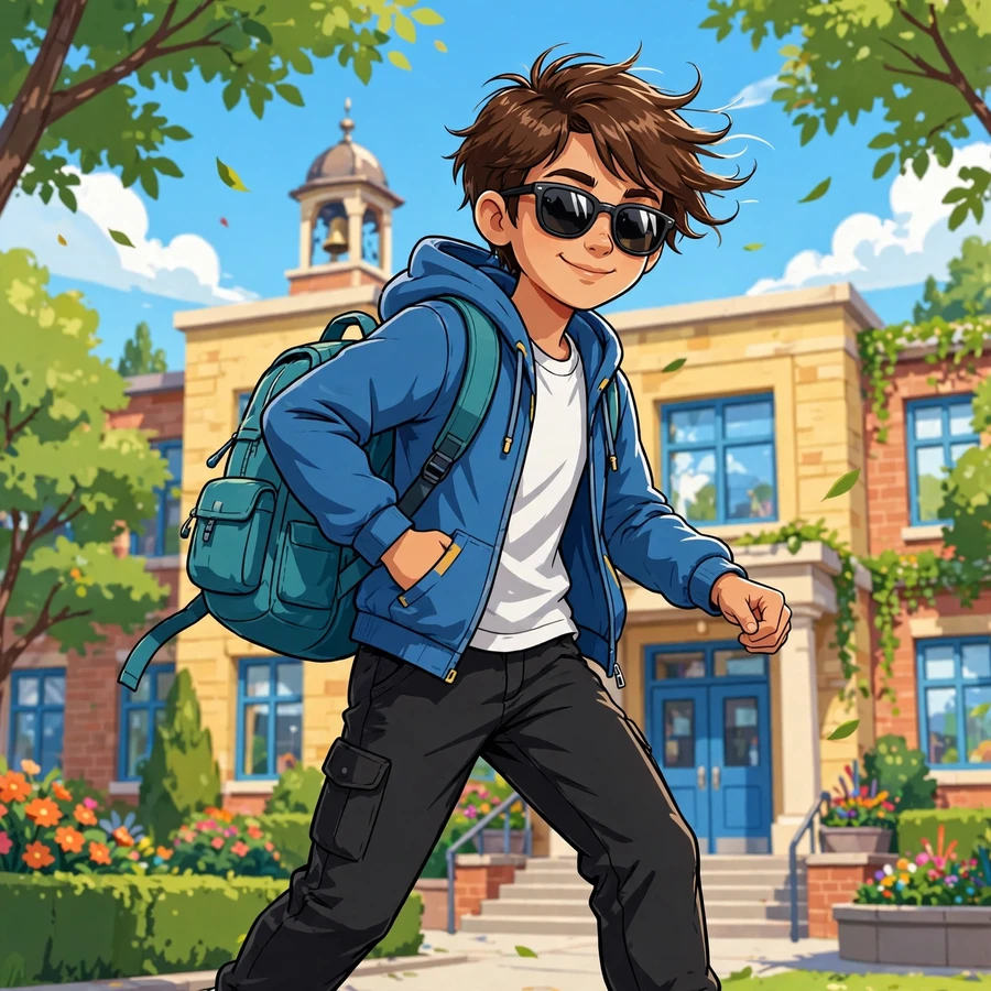 Cool school pfp: student with sunglasses and backpack