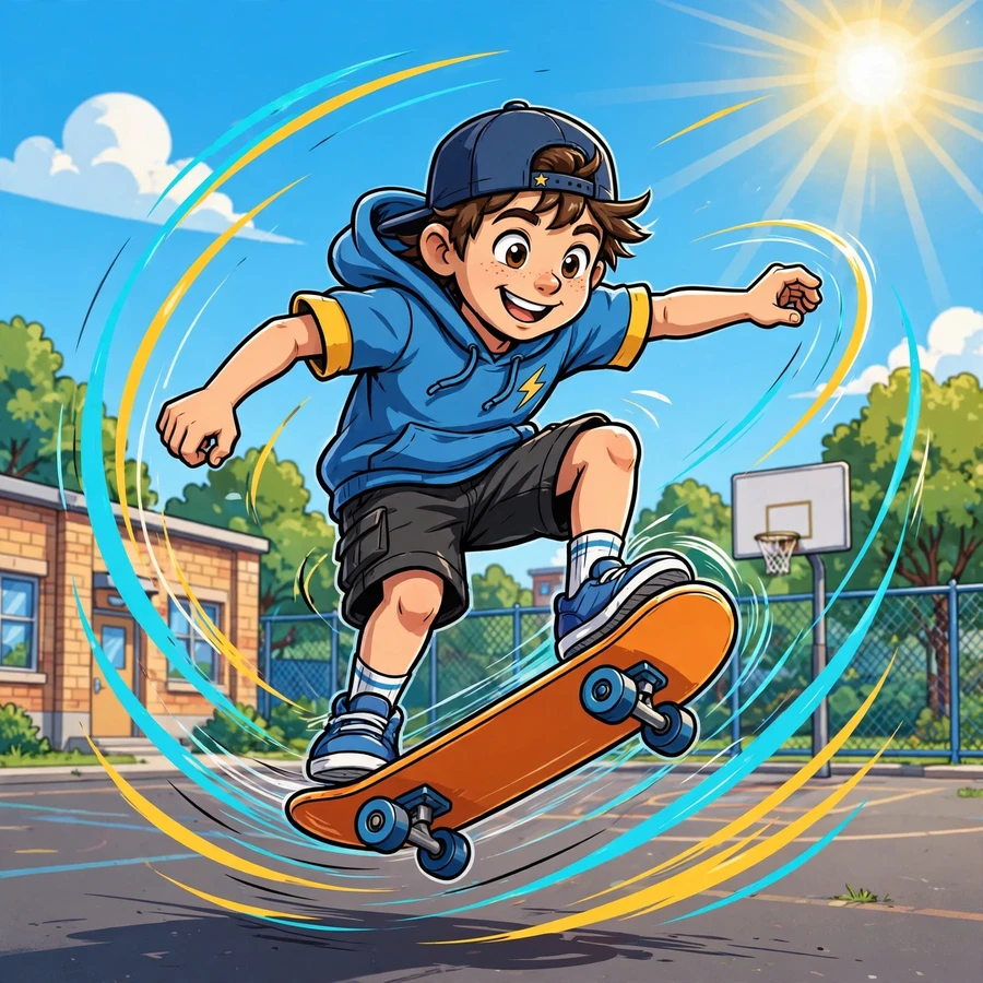 Pfp for school: kid doing a skateboard trick in the schoolyard