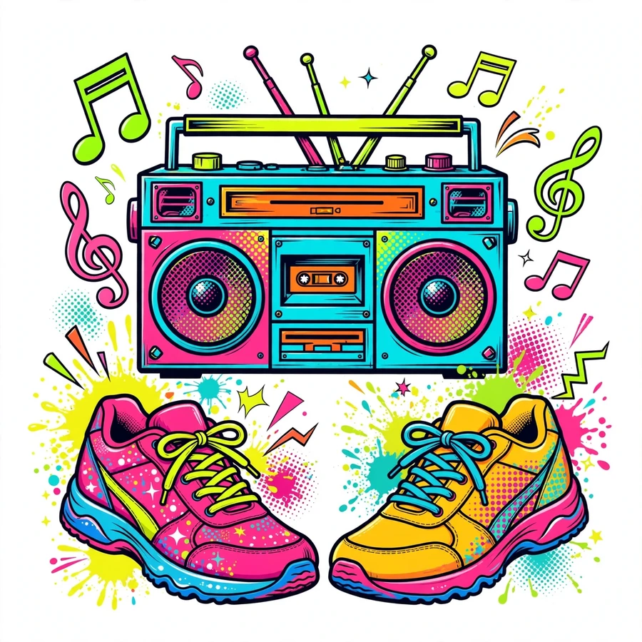 School pfp: colorful boombox with sneakers, pop-art style