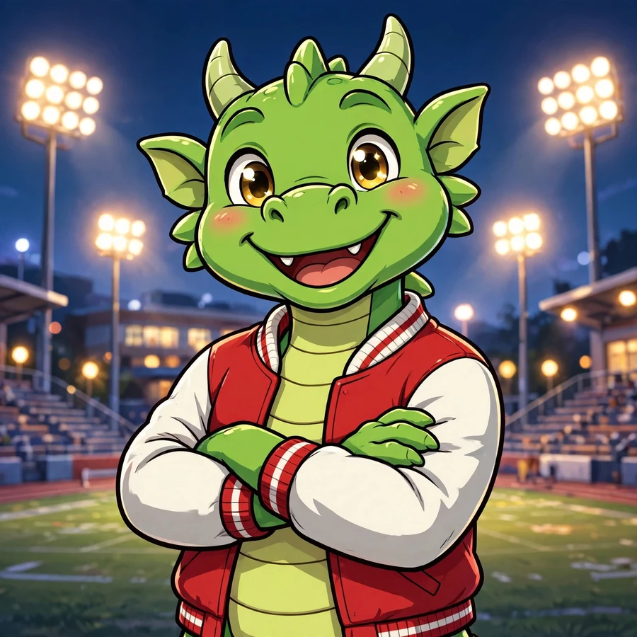 Cool school pfp: dragon mascot in a varsity jacket