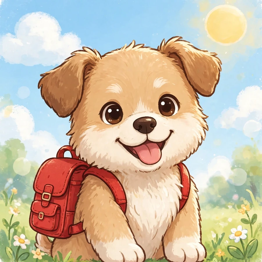 Pfp for school: happy puppy wearing a tiny red school backpack