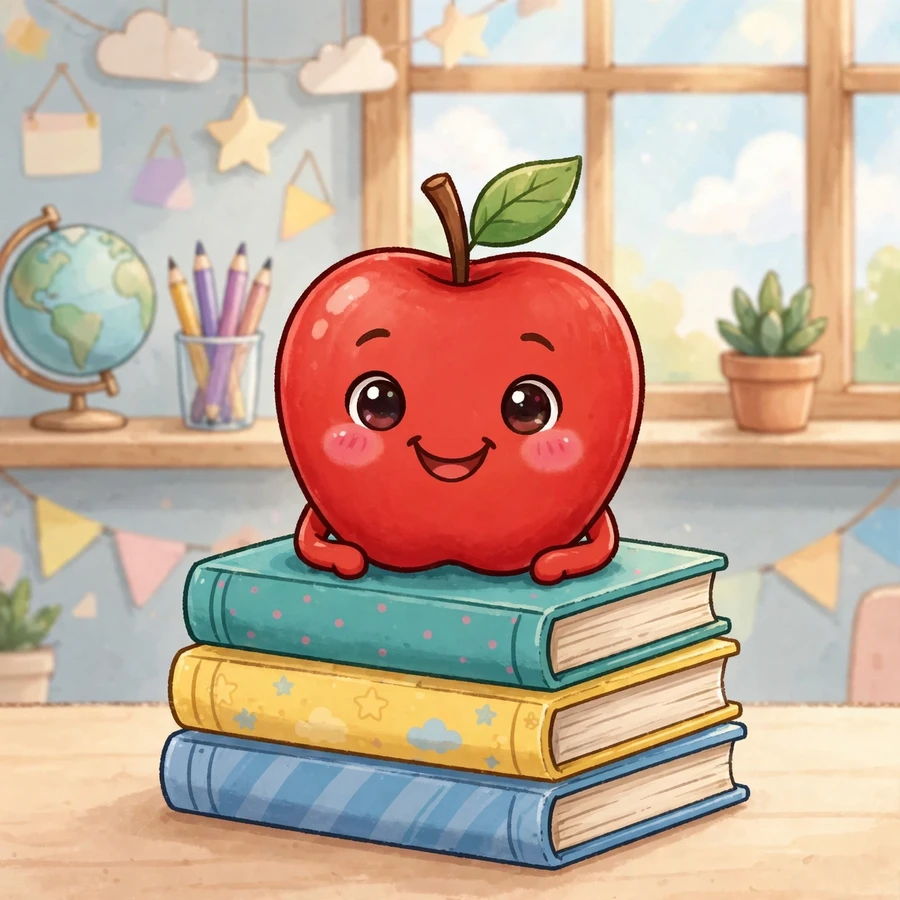 School pfp: happy smiling apple on a stack of colorful books