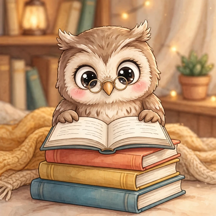Cute school pfp: little owl with glasses reading a book