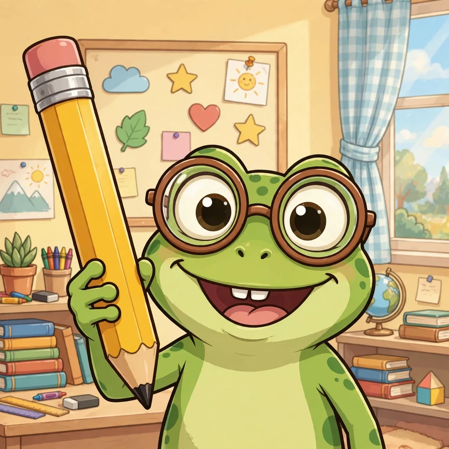 Funny school pfp: goofy frog with glasses holding a giant pencil