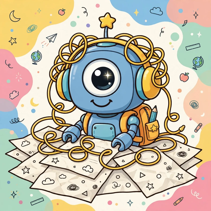 Funny pfps for school: cheerful robot student with tangled wires