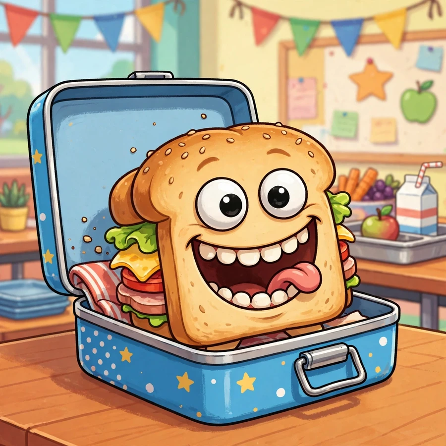 School pfp funny: laughing sandwich character in a lunchbox