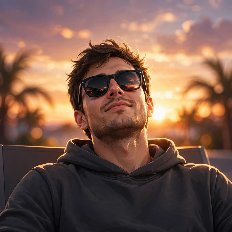 Chill pfp: relaxed guy with sunglasses at sunset