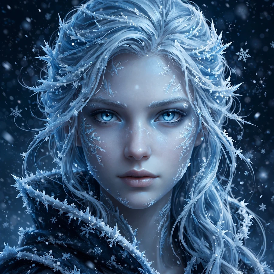 Cold pfp: icy blue portrait with frost and snowflakes