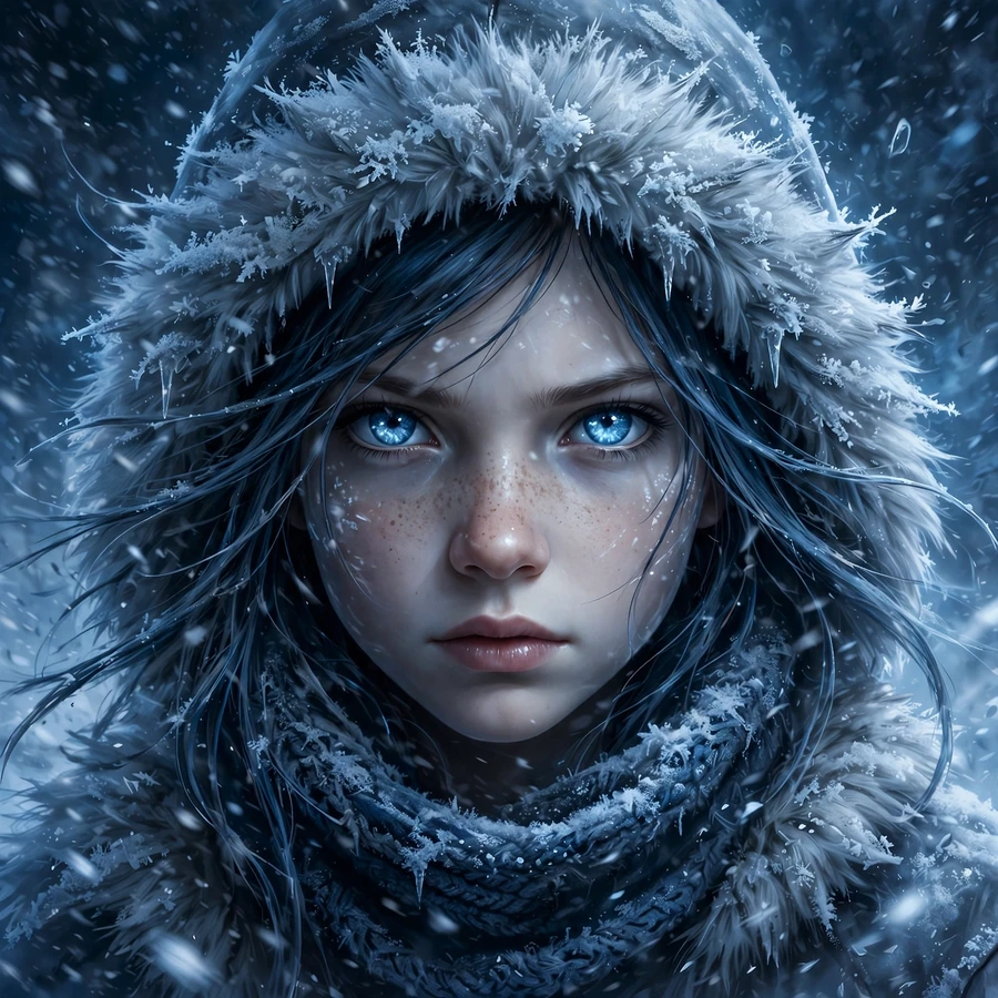Cold pfps: girl with ice-blue eyes in blizzard