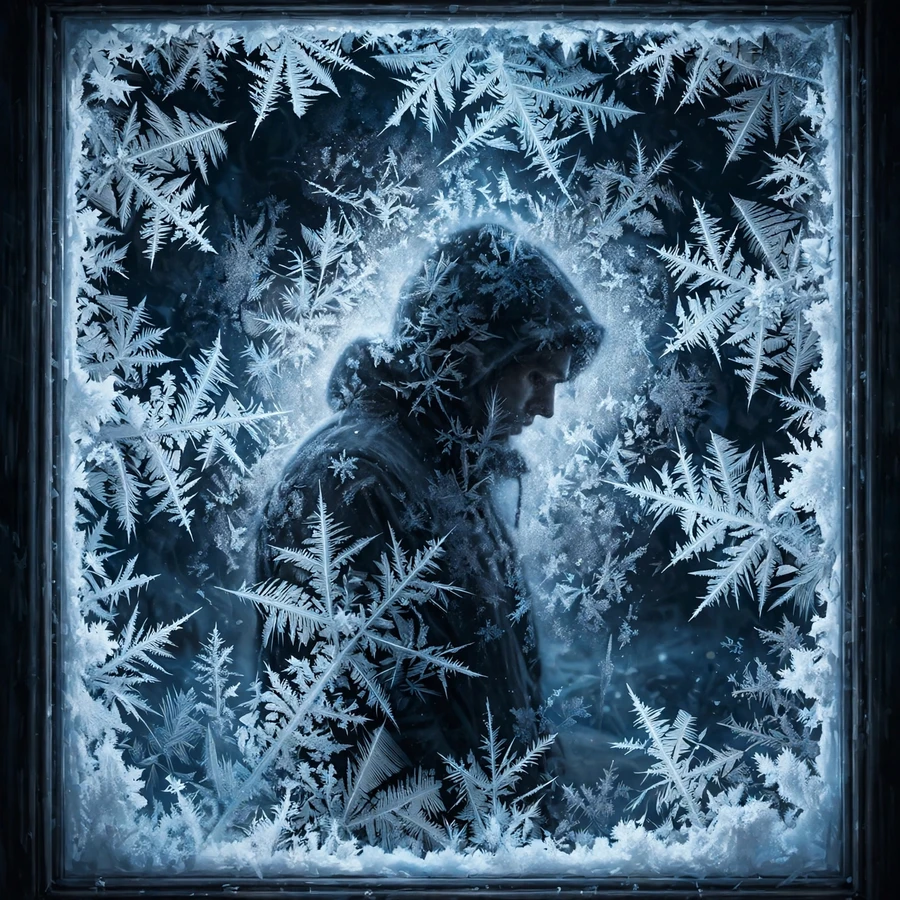 Cold pfps: frost-covered window with lonely figure