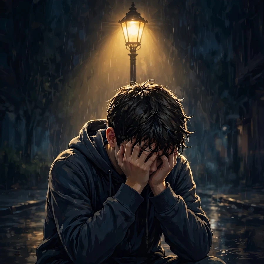 Depressed pfp: boy with head in hands under streetlamp