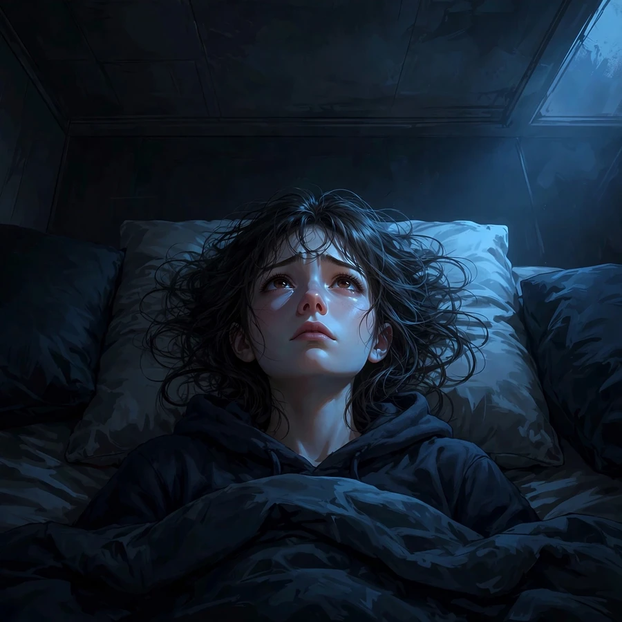 Depressed pfps: girl lying on bed staring at ceiling