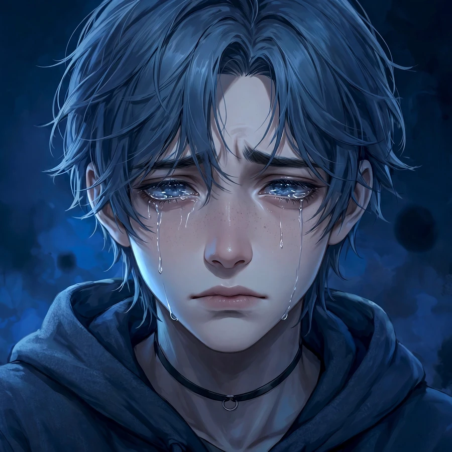 Depressed femboy pfp: tearful eyes in blue tones
