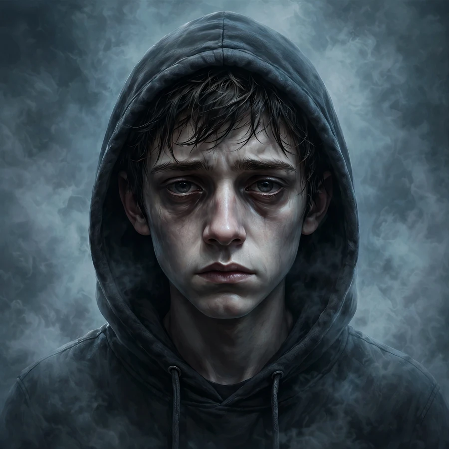 Depressed pfp boy: hollow-eyed boy in hoodie in fog