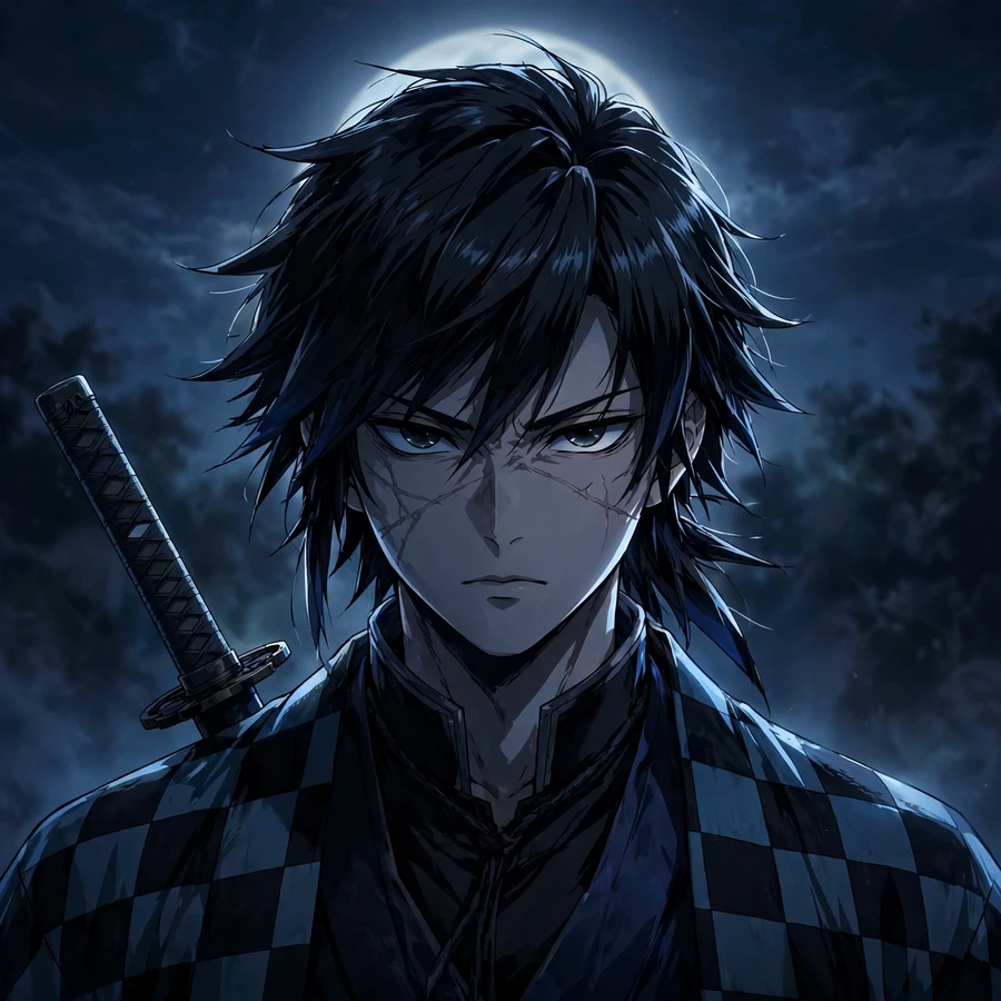 Demon slayer pfp: dark anime swordsman with checkered coat in moonlight