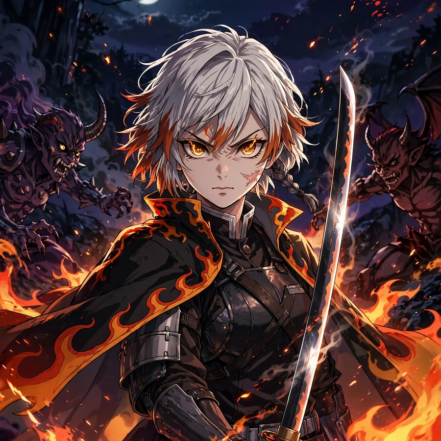 Demon slayer pfps: warrior with flame cloak fighting demons