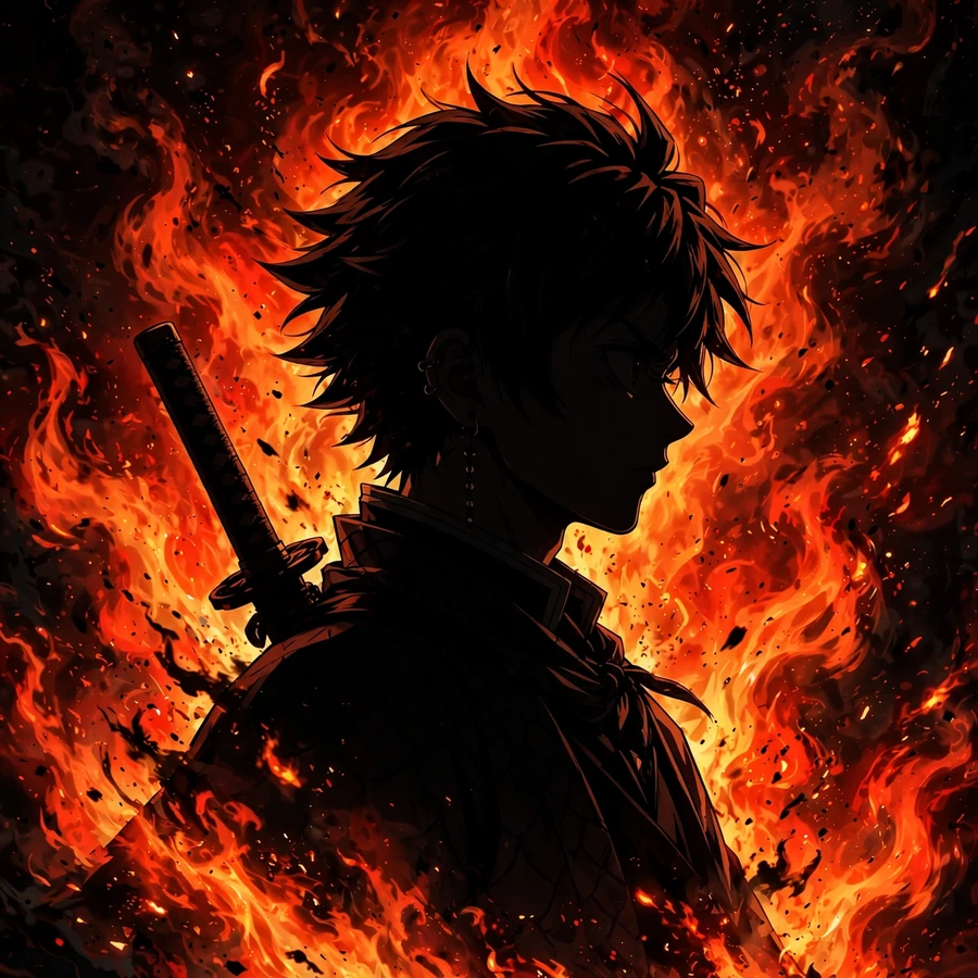 Pfp demon slayer: swordsman silhouette against fire