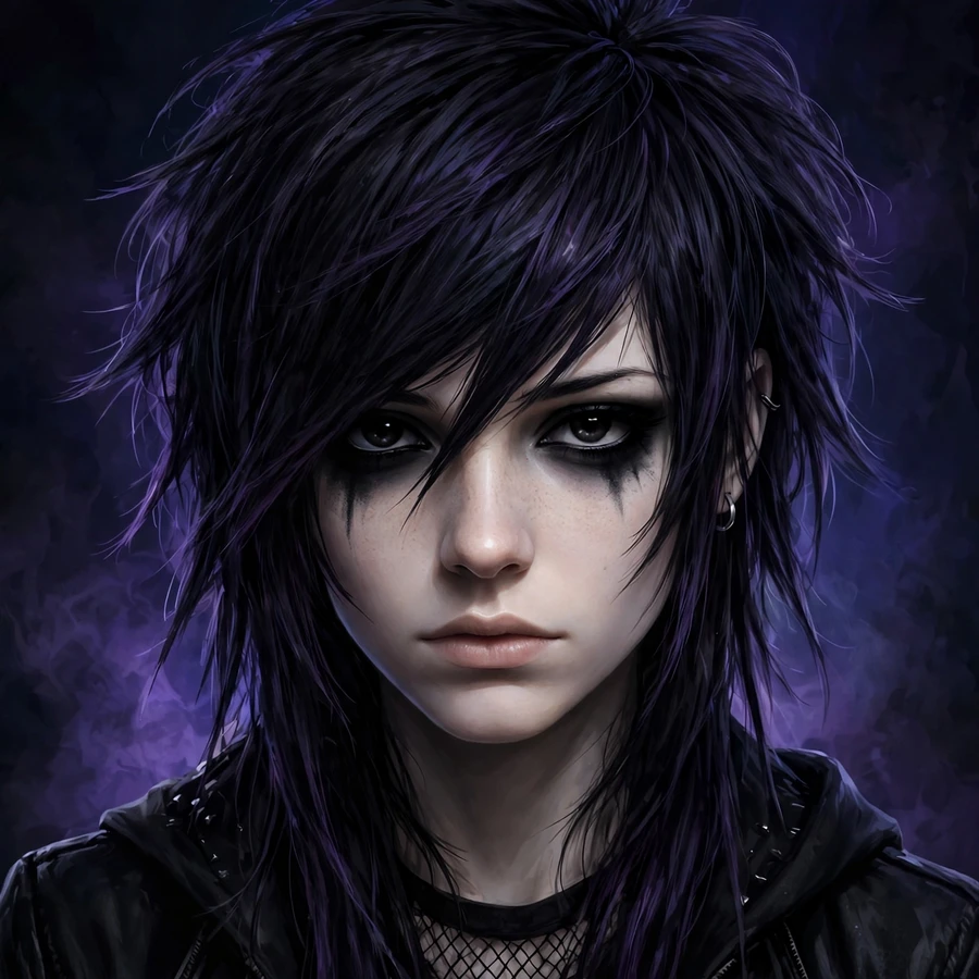 Emo pfp: girl with side-swept bangs and smudged eyeliner