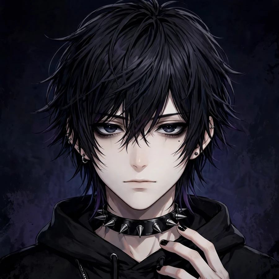 Emo anime pfp: anime boy with black nail polish and choker