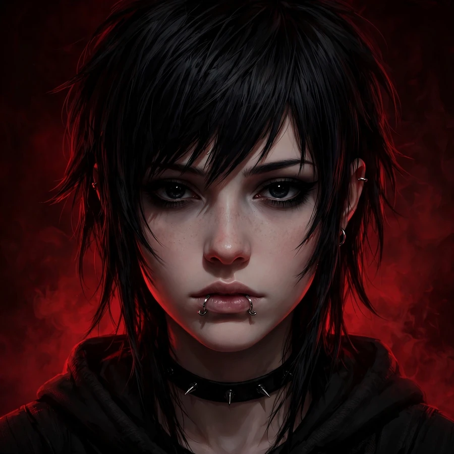 Emo girl pfp: piercings in dim red light