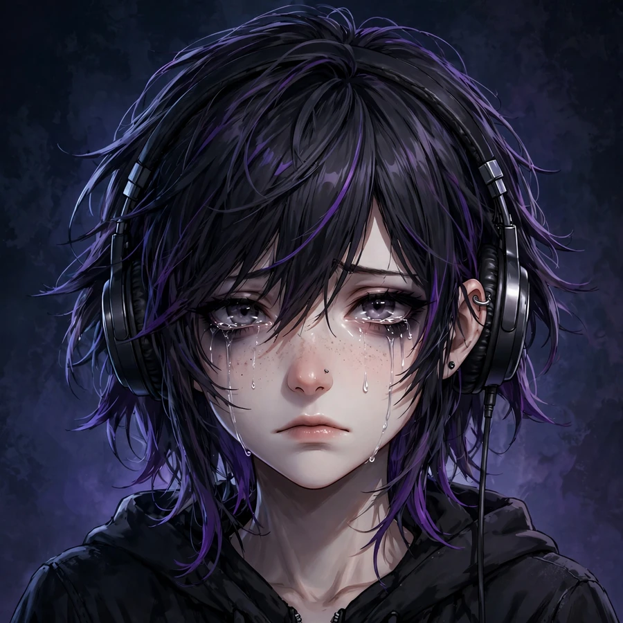 Anime emo pfp: anime girl with tear-streaked face and headphones