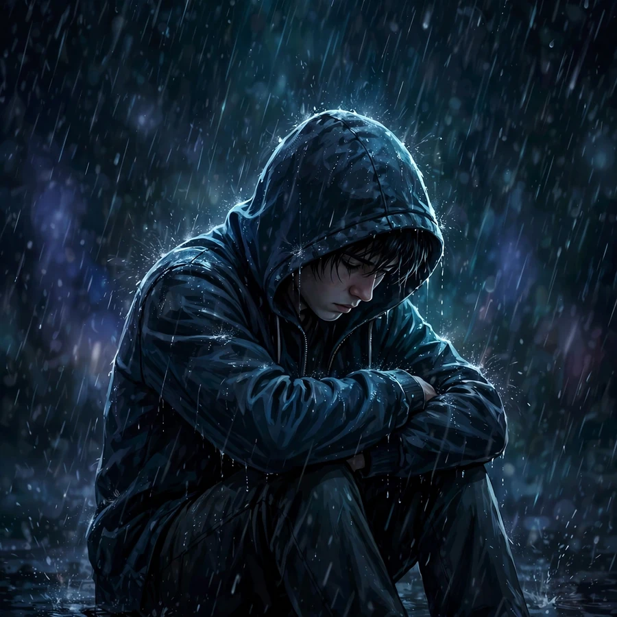 Pfp sad: lonely figure sitting in rain with head down