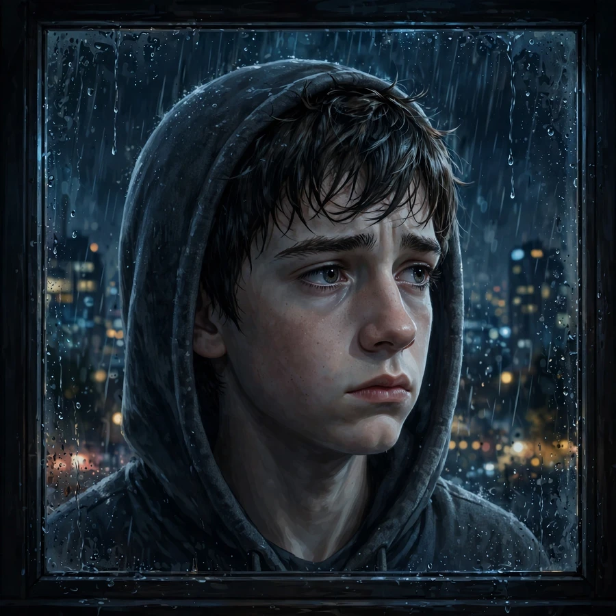 Sad pfps: sad boy staring out rainy window at night