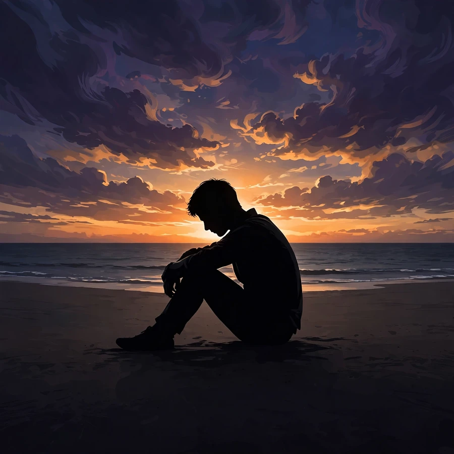 Sad pfp: solitary silhouette on empty beach at dusk