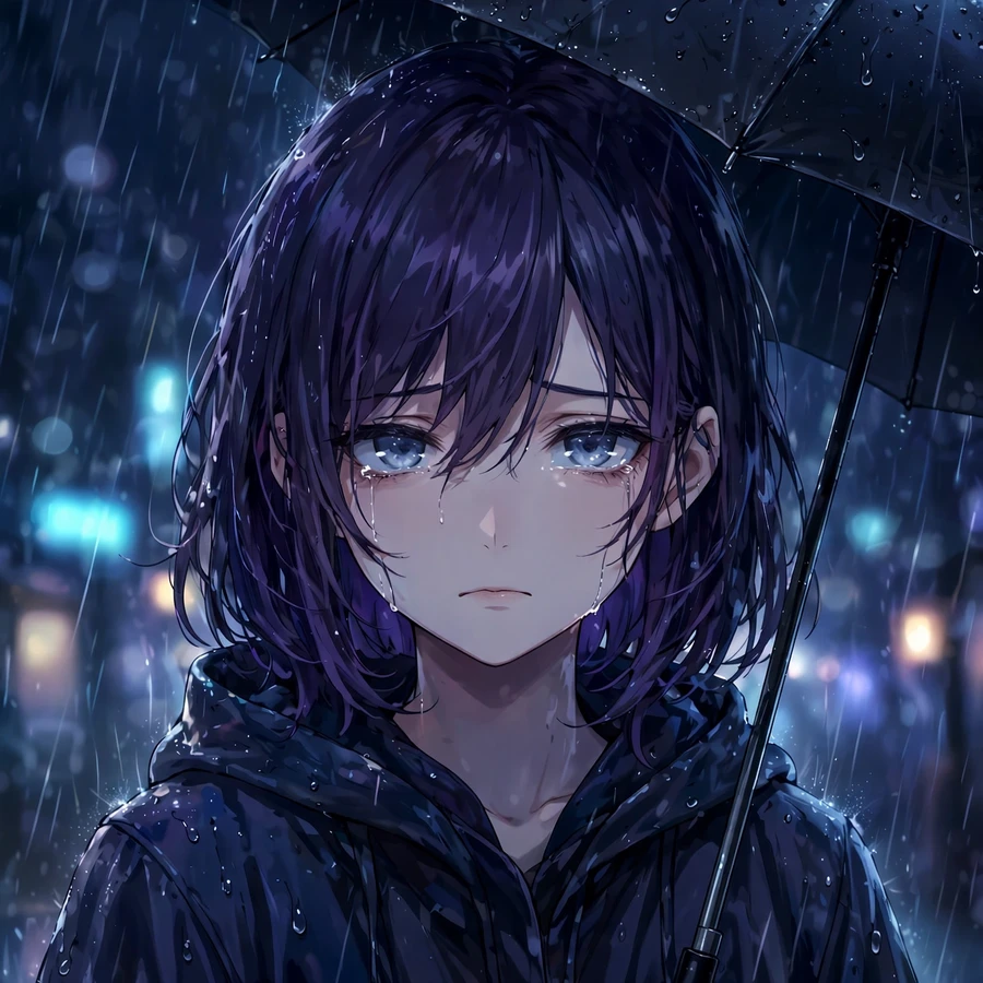 Sad anime pfp: girl with umbrella in rain at night