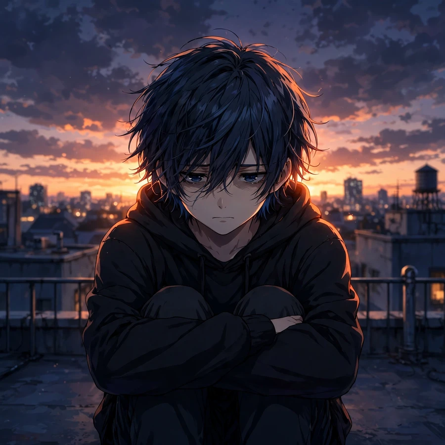 Depressed anime pfp: boy alone on rooftop at dusk