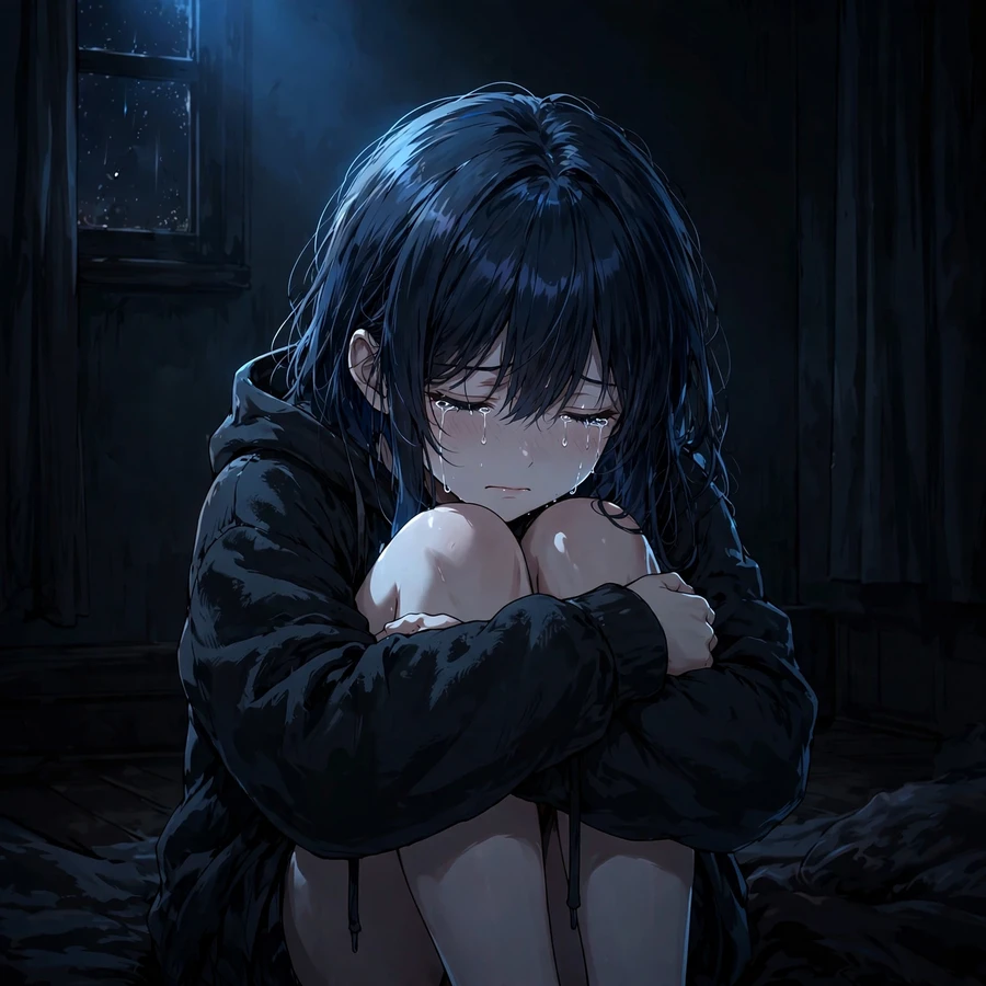 Anime depressed pfp: girl hugging knees in dark room