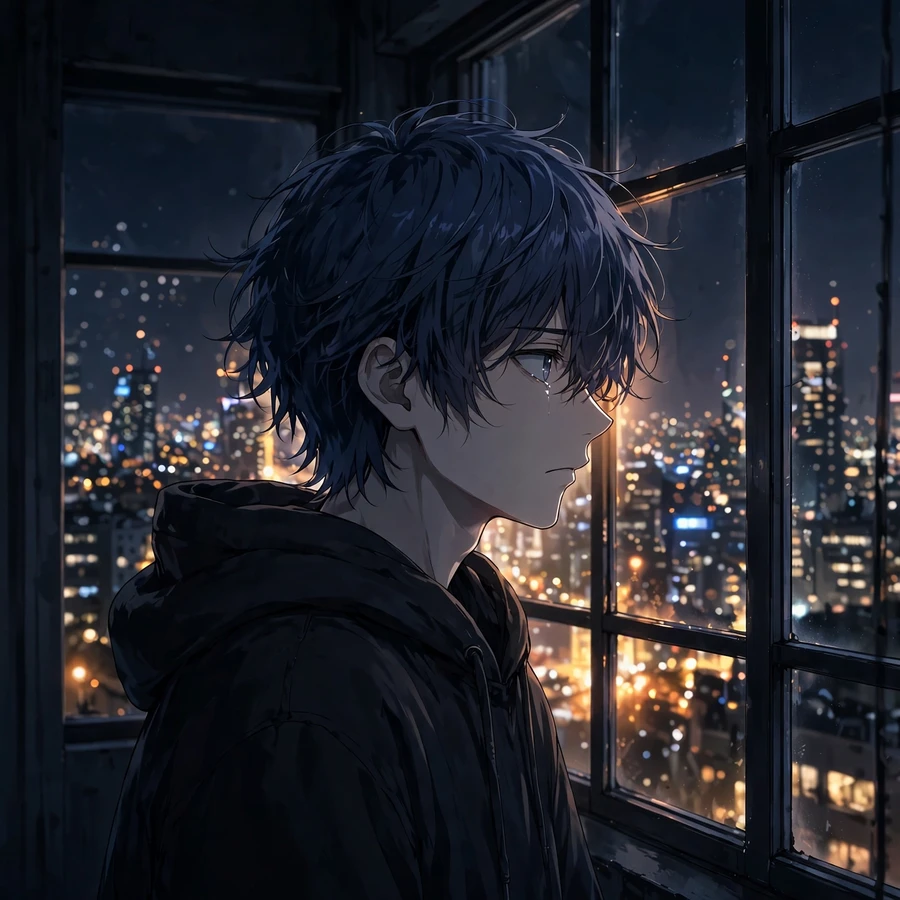 Sad anime pfp: character watching city lights from window