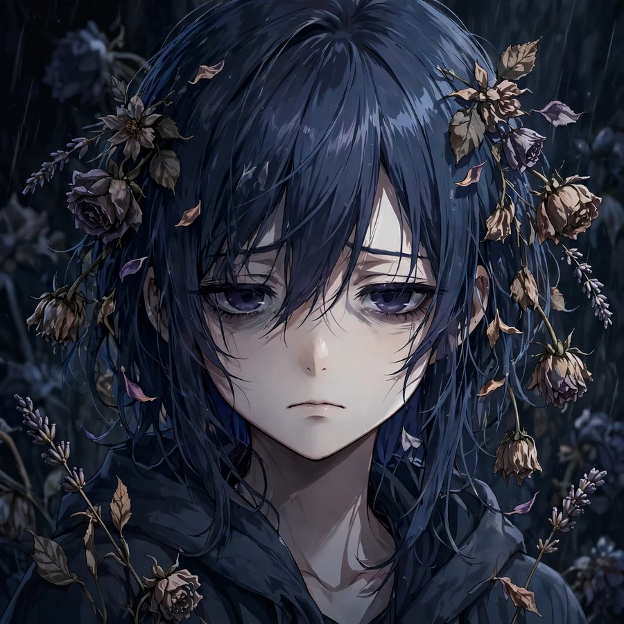 Depressed anime pfp: girl with wilting flowers