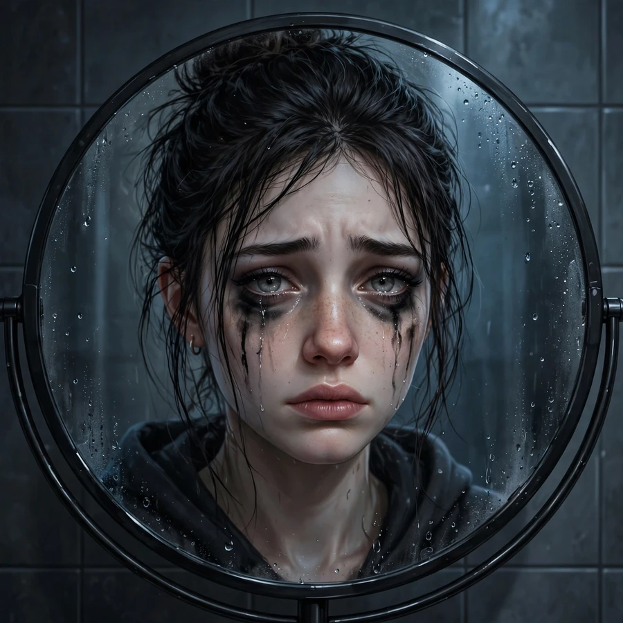 Sad girl pfp: girl with smudged mascara in mirror