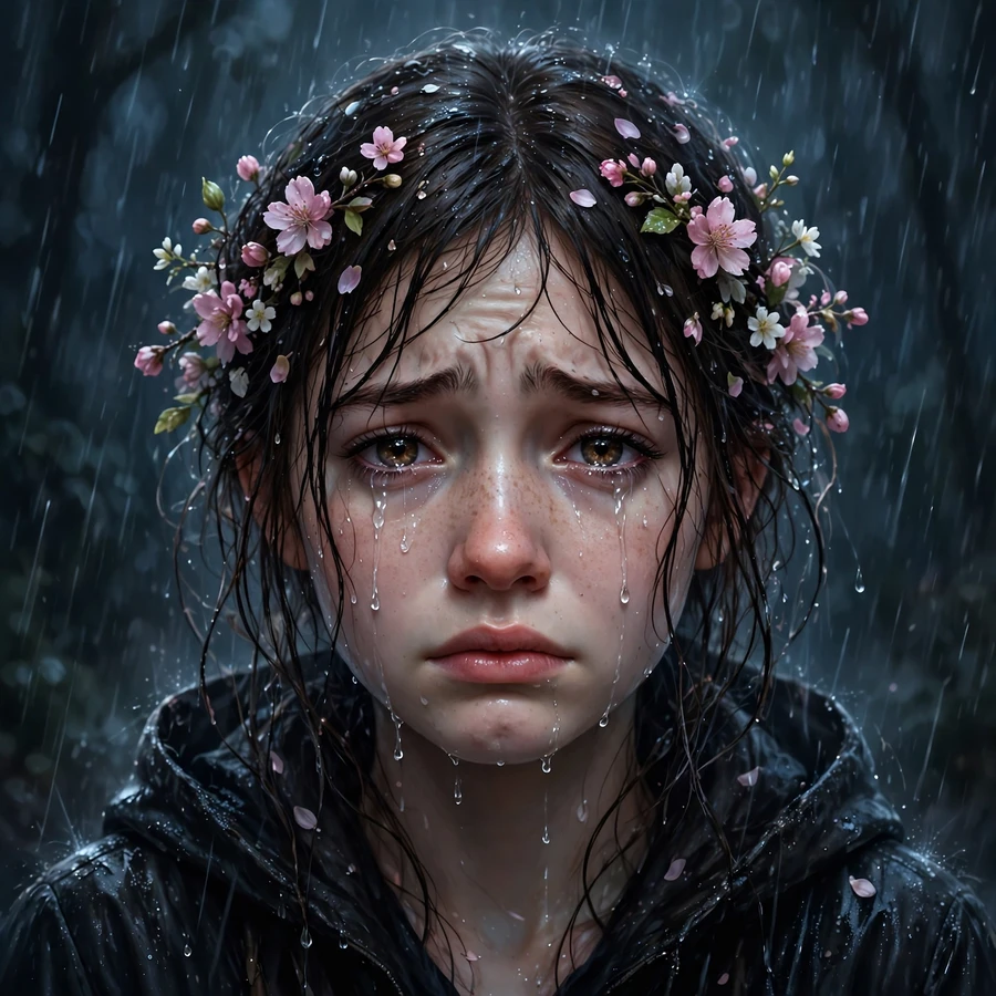 Sad pfp girl: girl with flowers in hair in soft rain