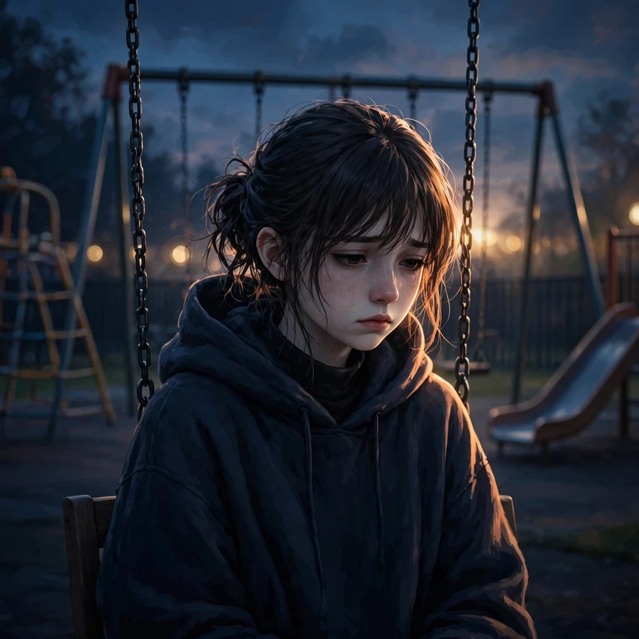 Sad pfp girl: lonely girl on swing at empty playground