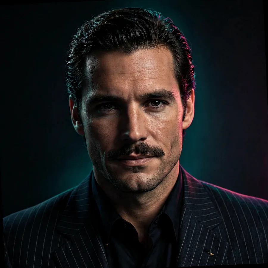 Classic Scarface pfp: original Tony Montana mustache portrait in a pinstripe suit