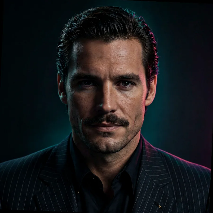 Scarface pfp dark: original noir pinstripe portrait with teal rim light