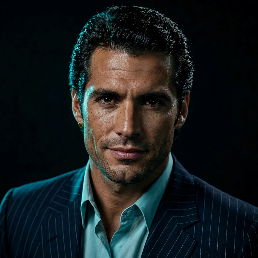 Scarface Miami pfp: original clean shaven portrait, ocean teal glow