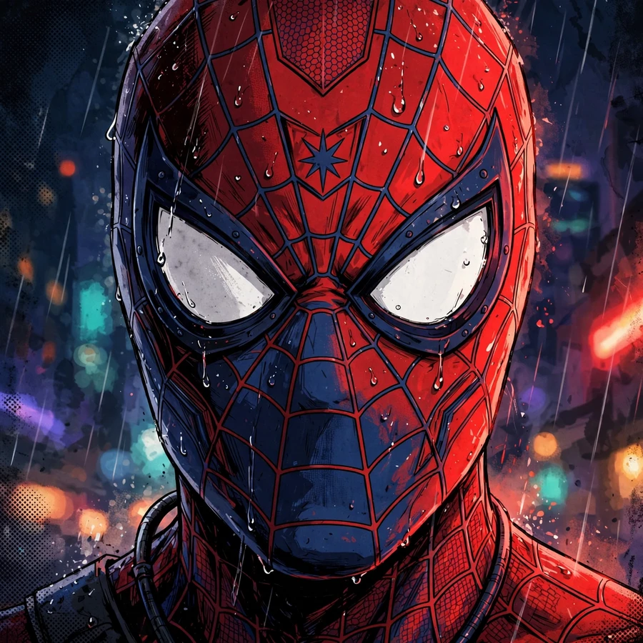Spider-Man pfp: original masked hero in dramatic red lighting and rain