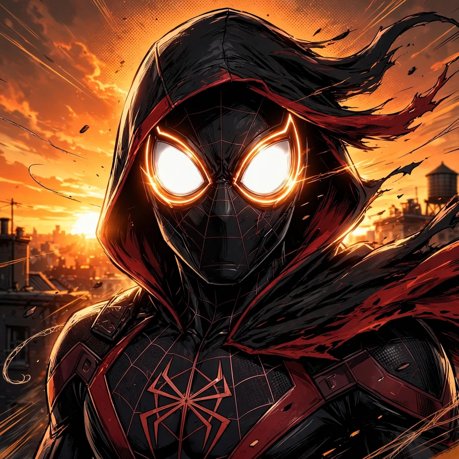 Spider-man pfp: original web-slinger backlit by dramatic sunset
