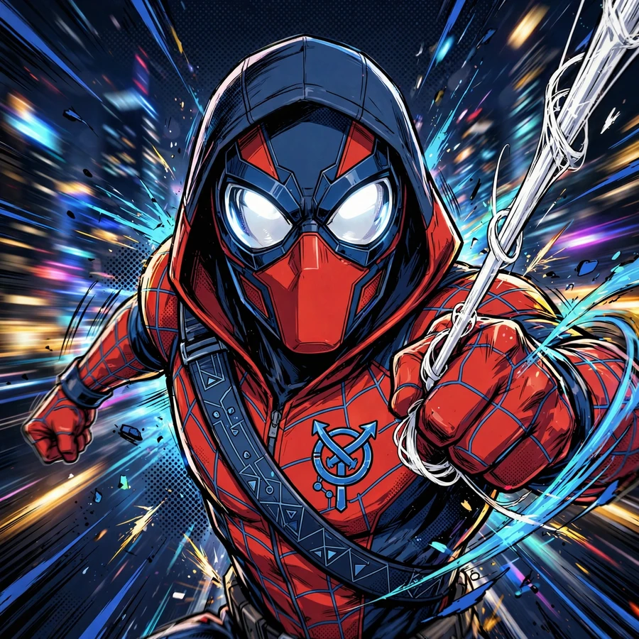 Spider-man pfp: original web-slinger mid-swing past the camera