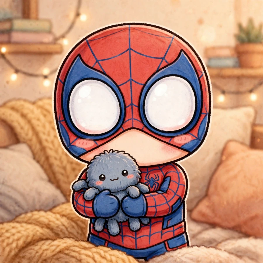Cute spider man profile: original tiny hero hugging a plush spider