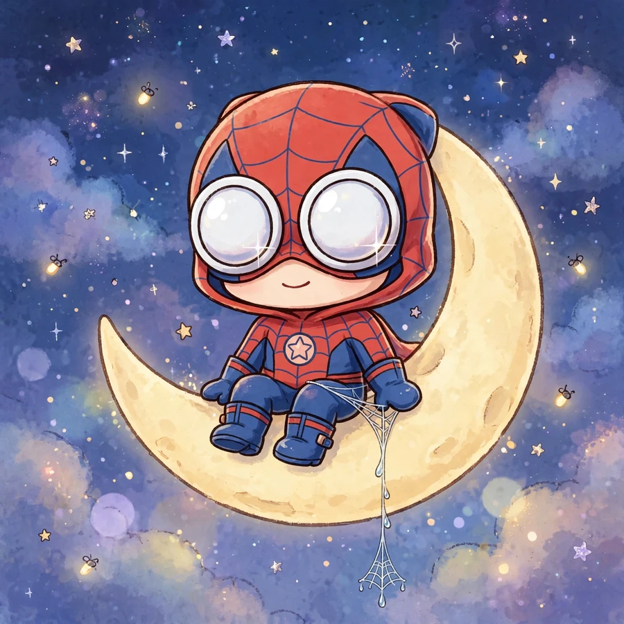 Cute spider man profile: original tiny web-slinger sitting on the moon
