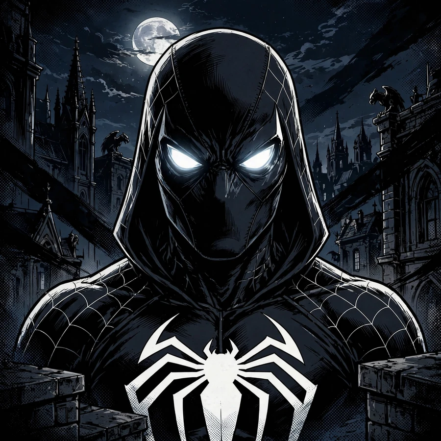Dark spider-man pfp: original black suit hero on a moonlit rooftop